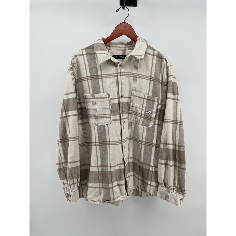 Zara‎ Mens XL Beige Plaid Button Up Overshirt Shacket Flannel Casual